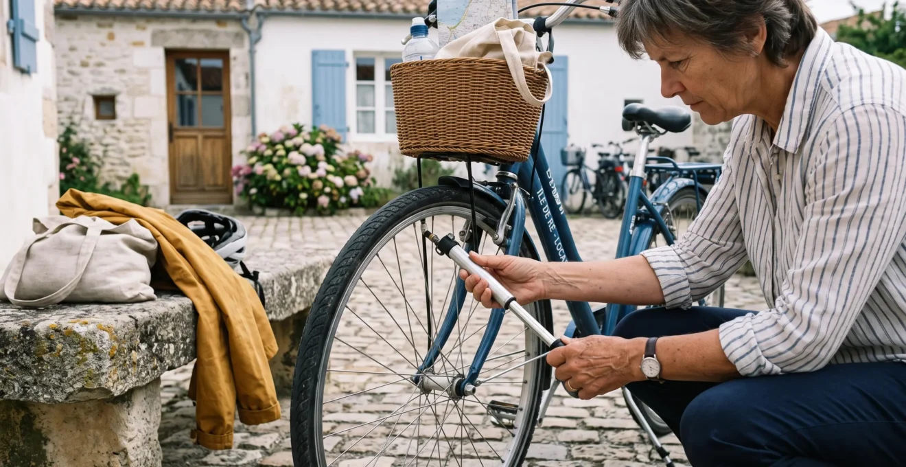 A person checks bicycle tire pressure with a hand pump outside a house.