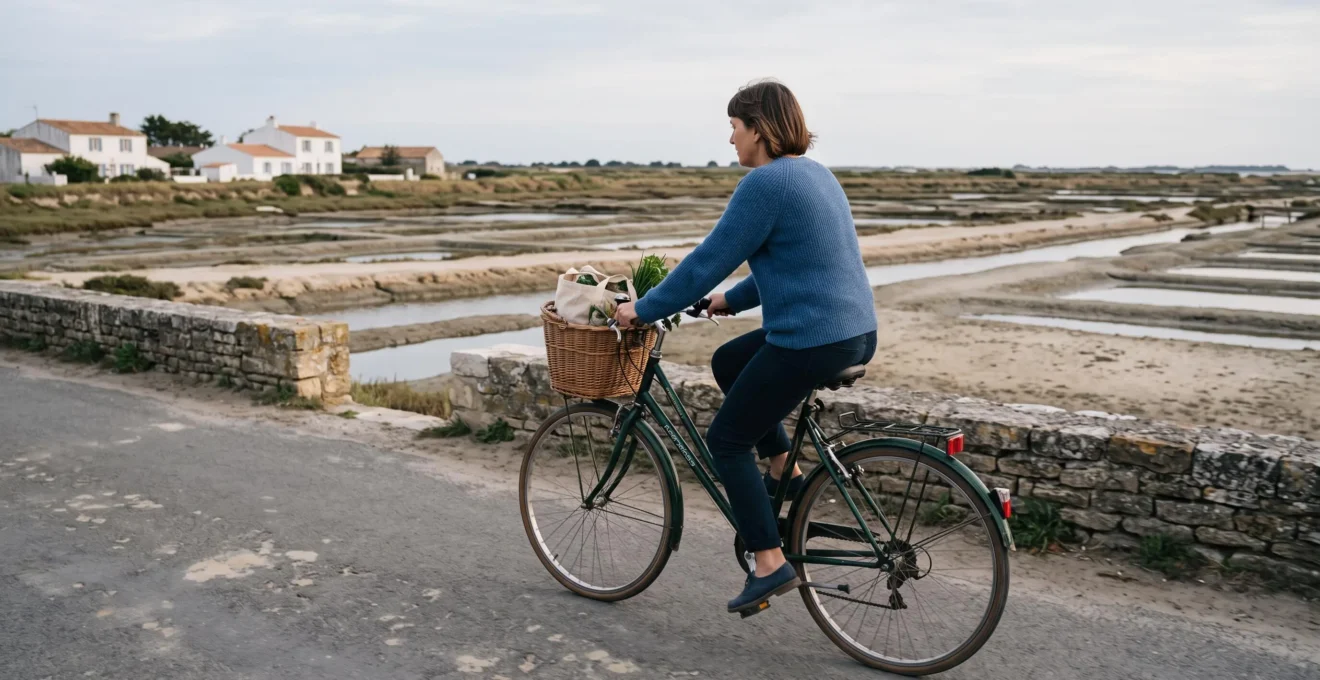 A local resident cycles along a flat coastal lane with salt marshes on Île de Ré.