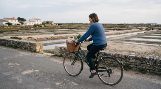 A local resident cycles along a flat coastal lane with salt marshes on Île de Ré.