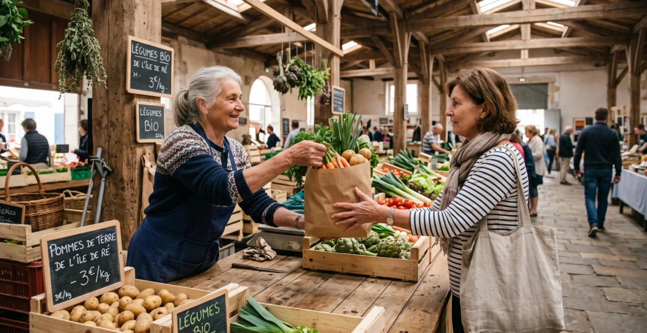 A vendor hands a bag of fresh vegetables to a customer in a market hall.