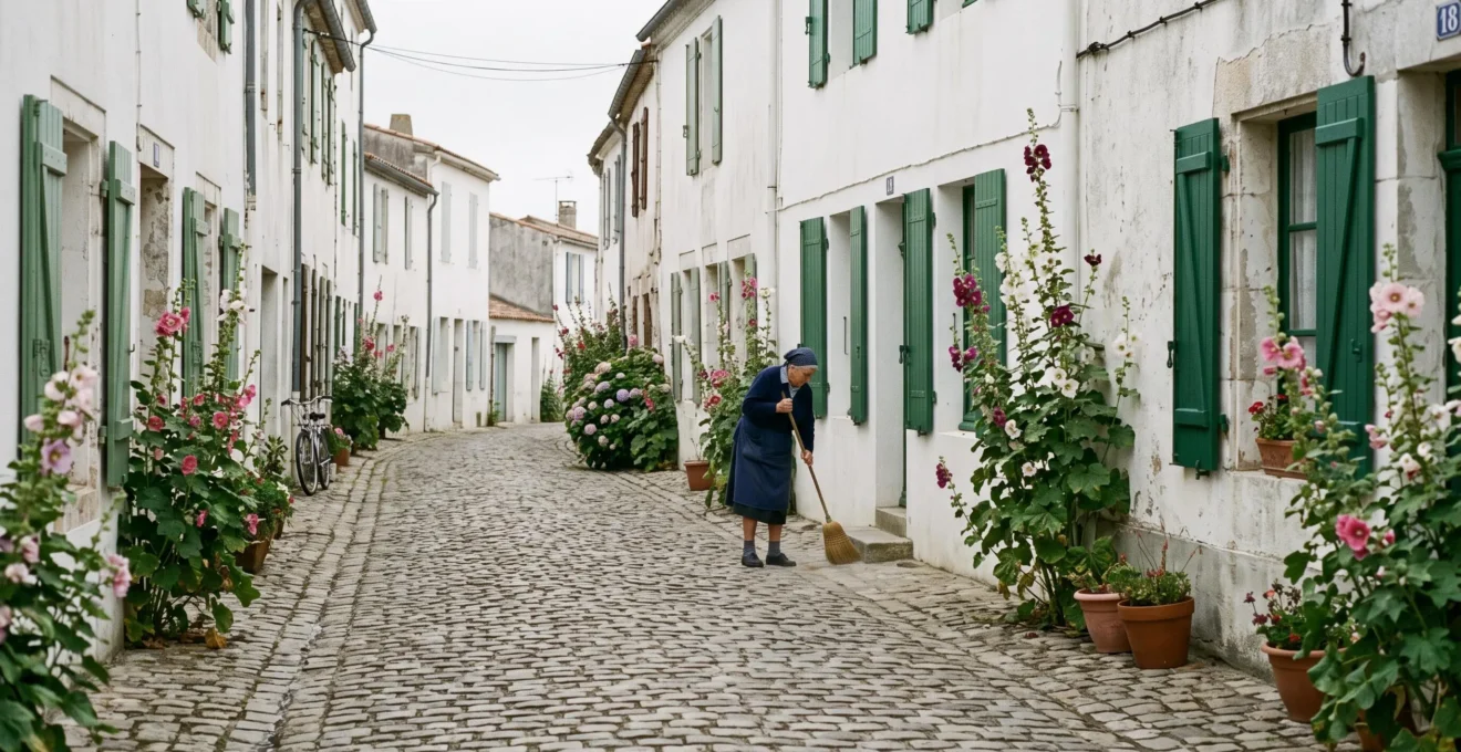 A quiet whitewashed village street with green shutters and one resident sweeping a doorstep.